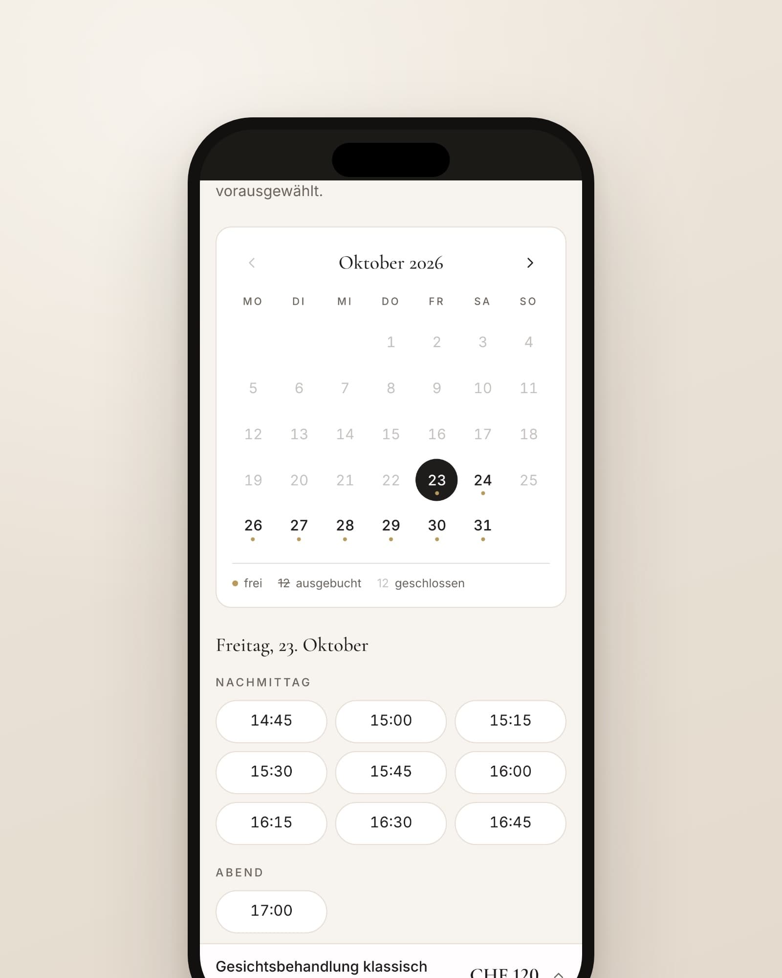 Phone showing the Agendly booking calendar