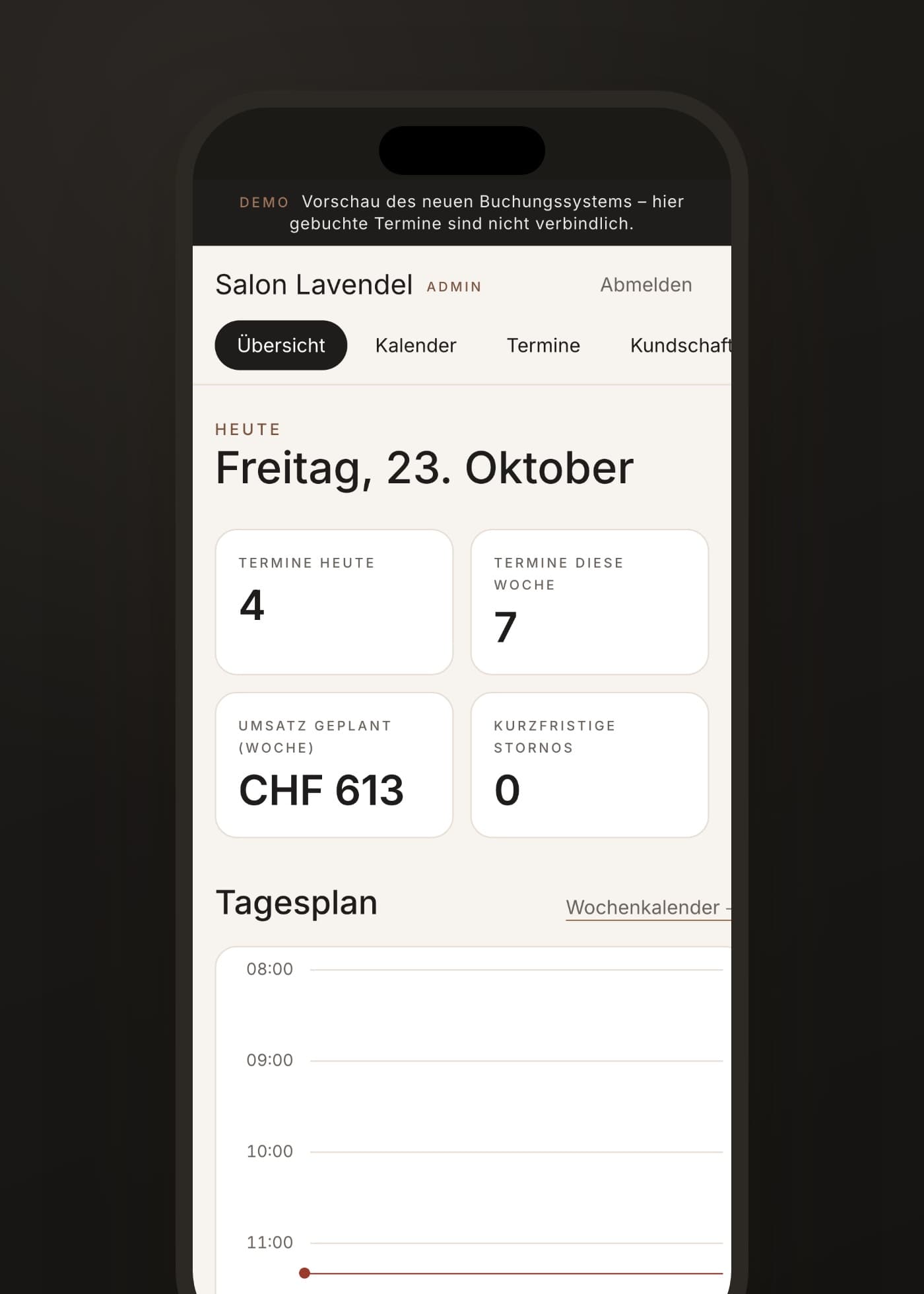 The business's daily overview on a phone, with appointments and planned revenue