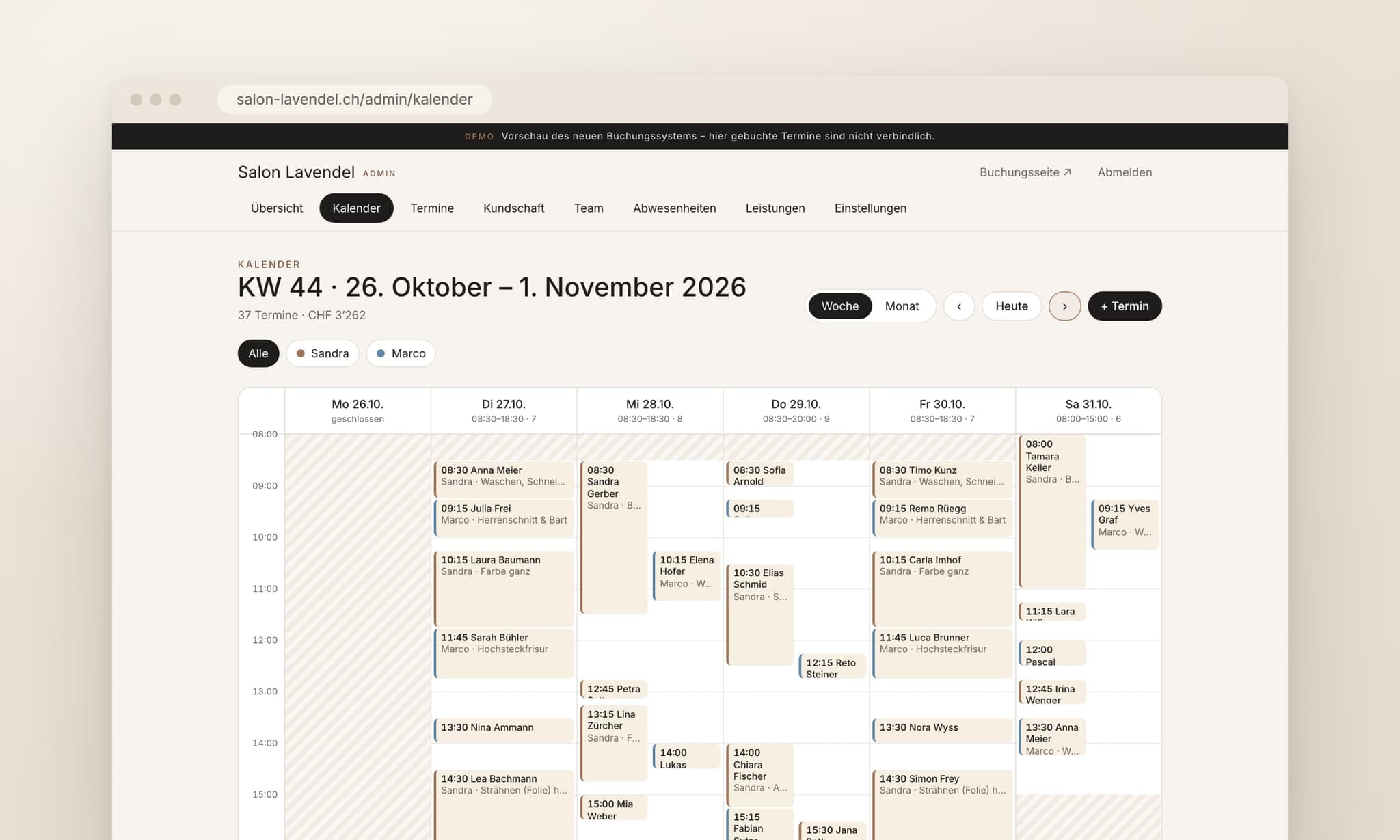 Wochenkalender eines Coiffeursalons mit zwei Personen und vollen Tagen