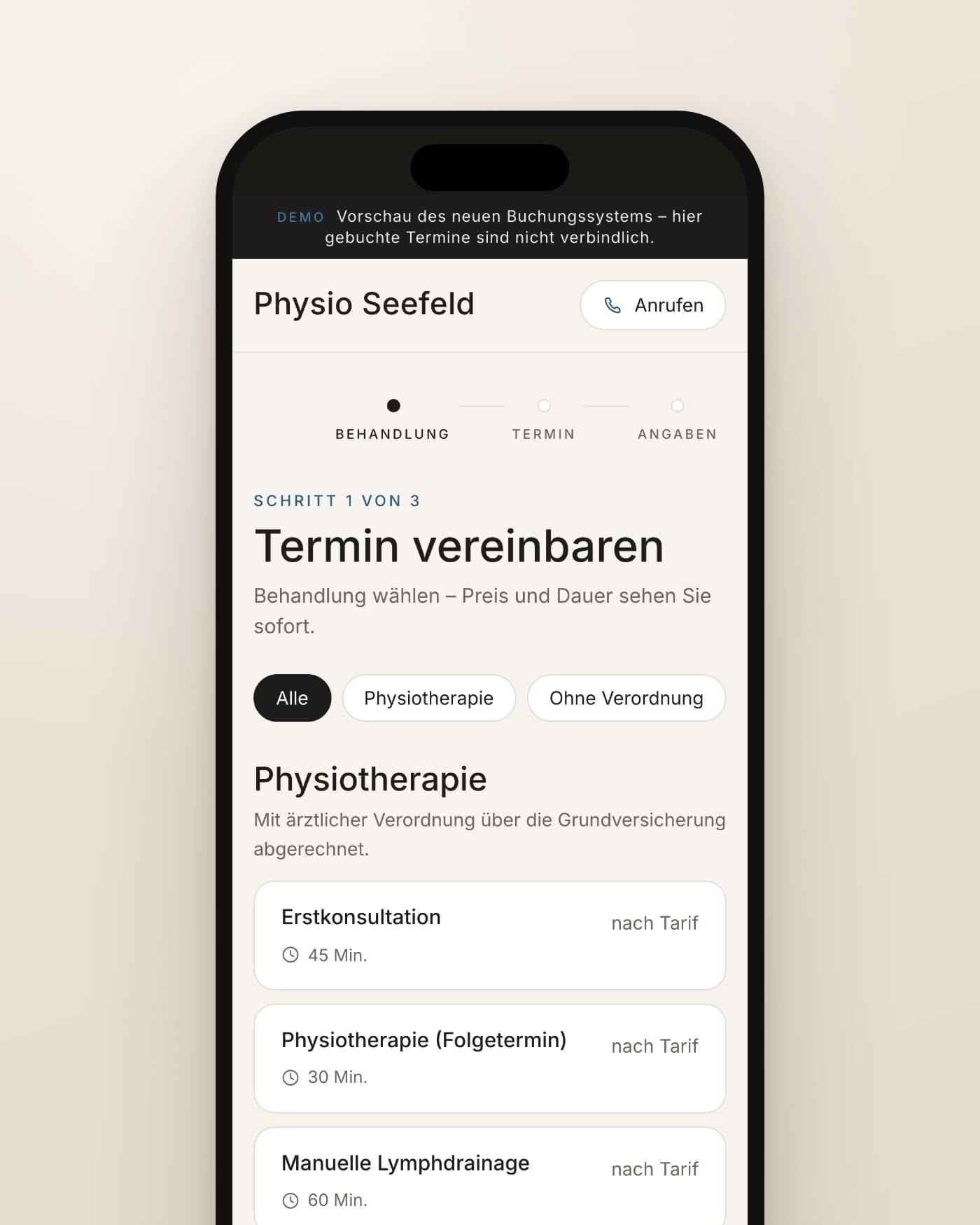 Buchungsseite der Demo-Praxis Physio Seefeld mit Leistungen nach Tarif