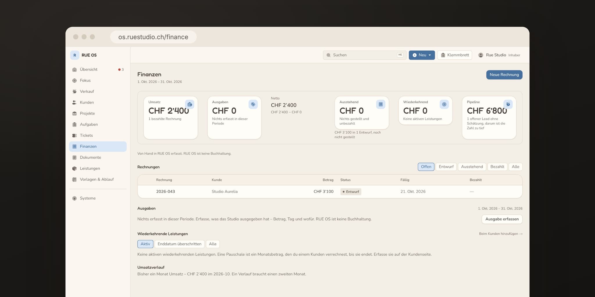 The rue os finance page: revenue, outstanding, pipeline and invoices, with made-up figures