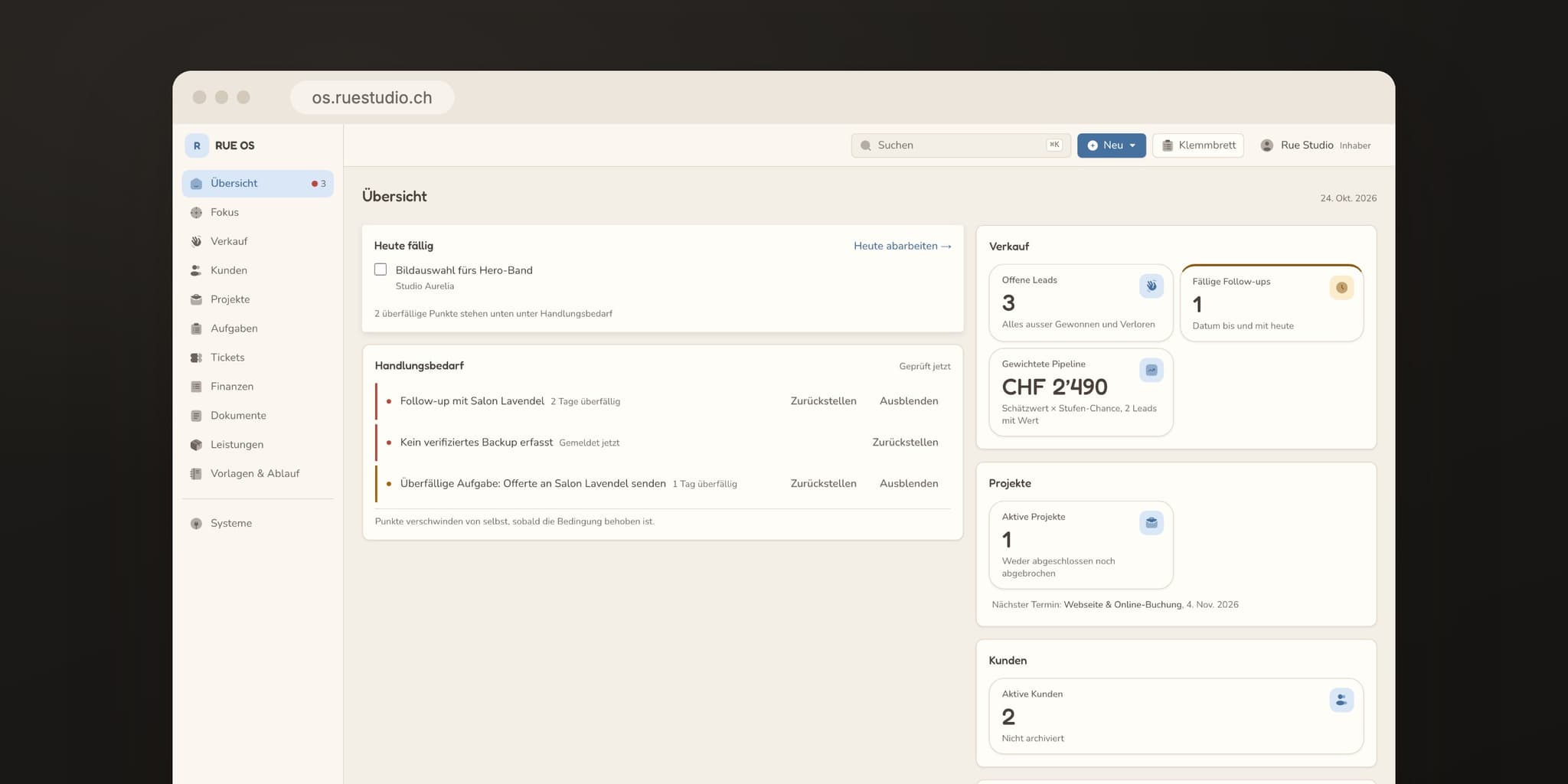 The rue os overview in a browser: due today, needs attention, sales, projects and finances — with made-up businesses